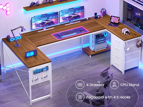 SEDETA 67 Inch U Shaped Desk with 4 Fabric Drawers Reversible Corner Computer Desk with Power Outlet CPU Shelf L Shaped Office Desk with Pegboard SEDETA 67 Inch U Shaped Desk with 4 Fabric Drawers Reversible Corner Computer Desk with Power Outlet CPU Shelf L Shaped Office Desk with Pegboard