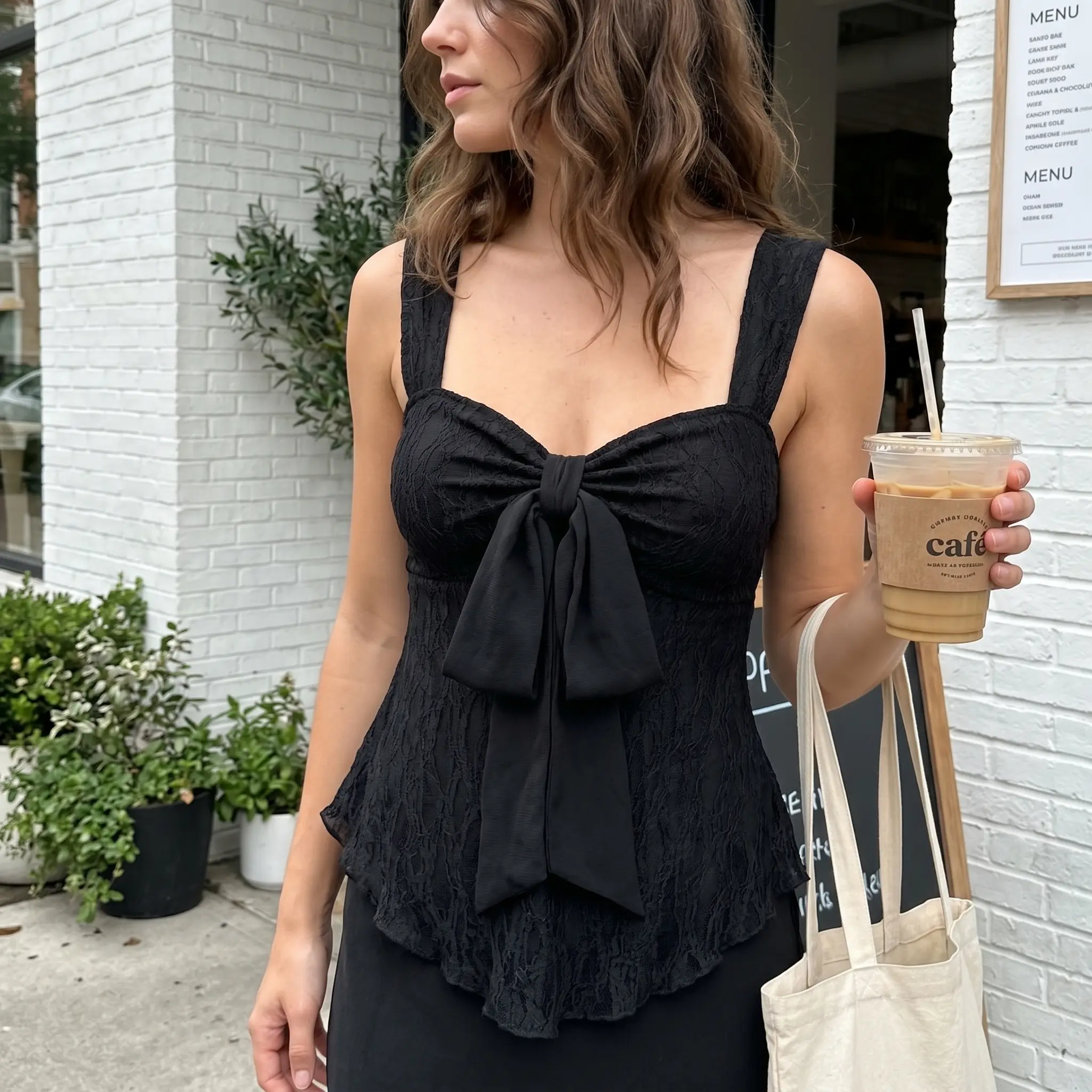 Women's Black Lace Going Out Top - Dark Coquette Tie Front Bow Cami, Sweetheart Neck Asymmetric Hem Tank Top