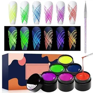 6 Colors Luminous Spider Gel, Glow In The Dark Nail Art Drawing Gel for Line, Painting Elastic Drawing Spider Gel for Nail Art, Soak off UV LED Nail Gel, DIY Nail Art Manicure with Brushes