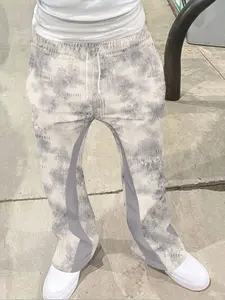 Men's Vintage Plaid Drawstring Wide Leg Pants, Street Style Patchwork Long Trousers, Casual Fitted Flared Trousers for All Seasons