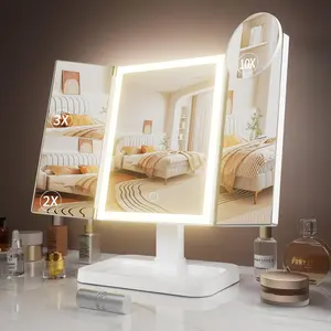 Adjustable lighting Portable LED Light Makeup Mirror, VanityMirror with Lights, 3-fold Foldable Rechargeable Mirror with 2x 3x & 10xMagnification, Touch Control Mirror for Travel& Bedroom Use, Rechargeable Trifold Mirror