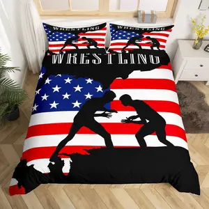 American Flag Duvet Cover Set,Wrestling Wrestler Silhouette Bedding Set for Kids Boys Girls Teens Room Decor,Men Sport Games Comforter Cover Striped Quilt Cover