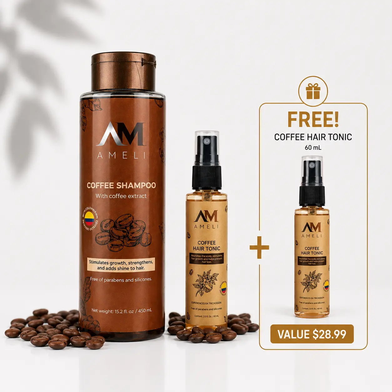 AM AMELI Hair Strengthening Haircare Set - Daily Coffee Voluminous Thickening Shampoo, Rosemary Scalp Essence, Nourishing Liquid Treatment for Anti-Hair Loss Root Nourishment