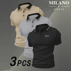 Men’s three-piece breathable quick-dry golf casual shirt set featuring lightweight, stretchy polyester and button design; suitable for summer office wear, boat outings, and everyday outfits; comfortable short-sleeve top with an active lifestyle style.,sum