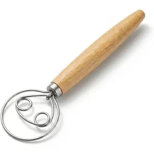 Danish Dough Whisk for Sourdough Bread, Stainless Steel Bread Dough Whisk with Wooden Handle, Manual Dough Mixer Tool for No Knead Bread, Pizza, Baking & Starter Mixing
