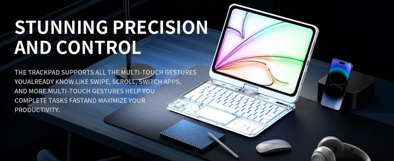 NAIDUN Latest 360 Swivel Keyboard with Transparent Case for iPad Tablet Backlit Keys Scissor Mechanism 1 mm Travel USB