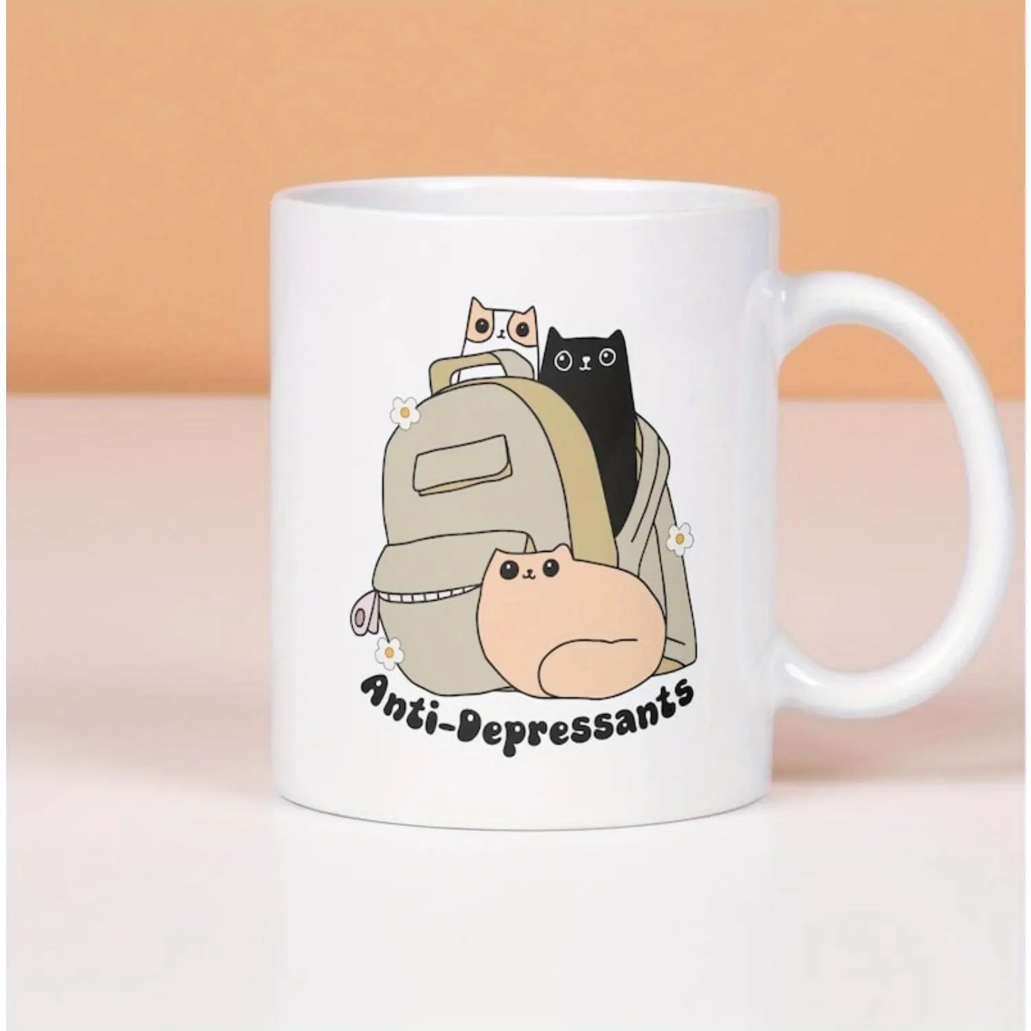 Antidepressant Cat Ceramic Mug - 11oz White Cup with Cute Kittens & Backpack Design, Ideal for Cat Lovers & Mental Health Advocates, Dishwasher Safe, Daily Use Mug |   Illustrated Ceramic Mug |   Dishwasher Safe Mug