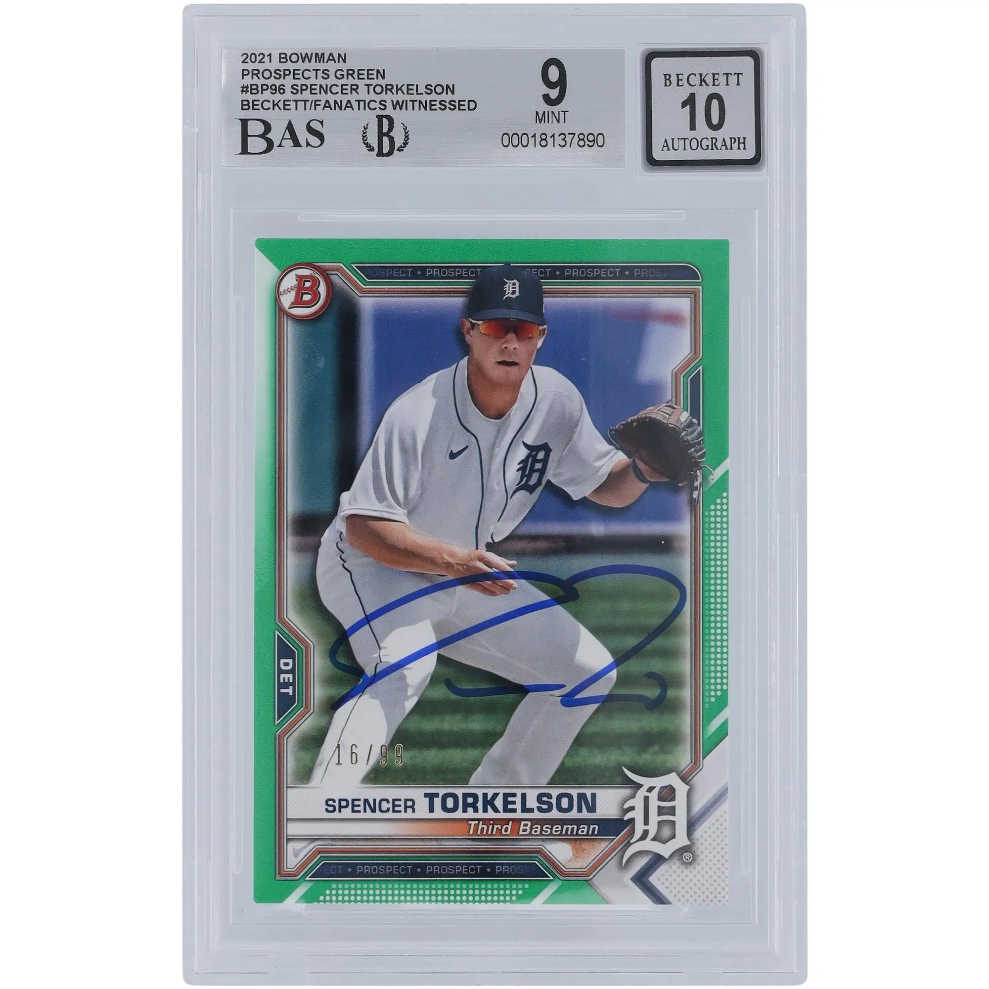 Spencer Torkelson Detroit Tigers Autographed 2021 Bowman Prospects Green #BP-96 #/99 Beckett Fanatics Witnessed Authenticated 9/10 Card - Fanatics Authentic Certified
