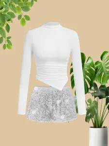 Elegant Women's High-Neck Long Sleeve Top with Irregular Hem, Slim Fit Design, Sparkling Sequin Shorts Two-Piece Set for Spring & Autumn