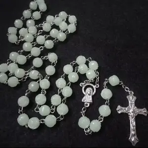 Catholic Luminous Rose Beads Rosary Cross Necklace 8mm Beads 55cm Length Durable Alloy Material Antique Silver Plating for Religious Wear
