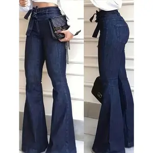 Women'S Elegant Navy Blue High-Waist Flared Jeans - Stretch Denim Bell Bottoms with Chic Waistband Tie, Comfort Fit & Machine Washable