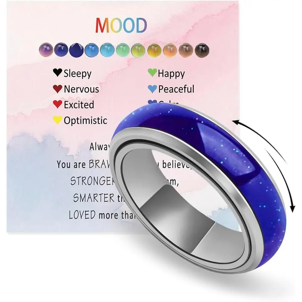 Women's Modern Solid Stainless Steel Anti-Anxiety Fidget Ring - Temperature-Change Color-Shifting Mood Band, Polished Comfort Fit, Smooth Spinning, Non-Tarnish Jewelry, Stress Relief for Everyday Wear