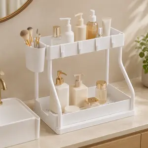 Under-Cabinet Storage Rack (/Kitchen) — Multifunctional 2-Tier Sliding Organizer with Hooks and Cup Holders; Under-Sink Storage & Organization Shelf for Kitchens and Bathrooms; Layered Storage Rack for Toiletries and Sundries accessories bathroom