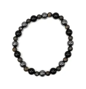 Black Onyx Bronzite Hematite Beaded Stretch Bracelet 6mm 4mm Handcrafted Natural Gemstone Made to Order