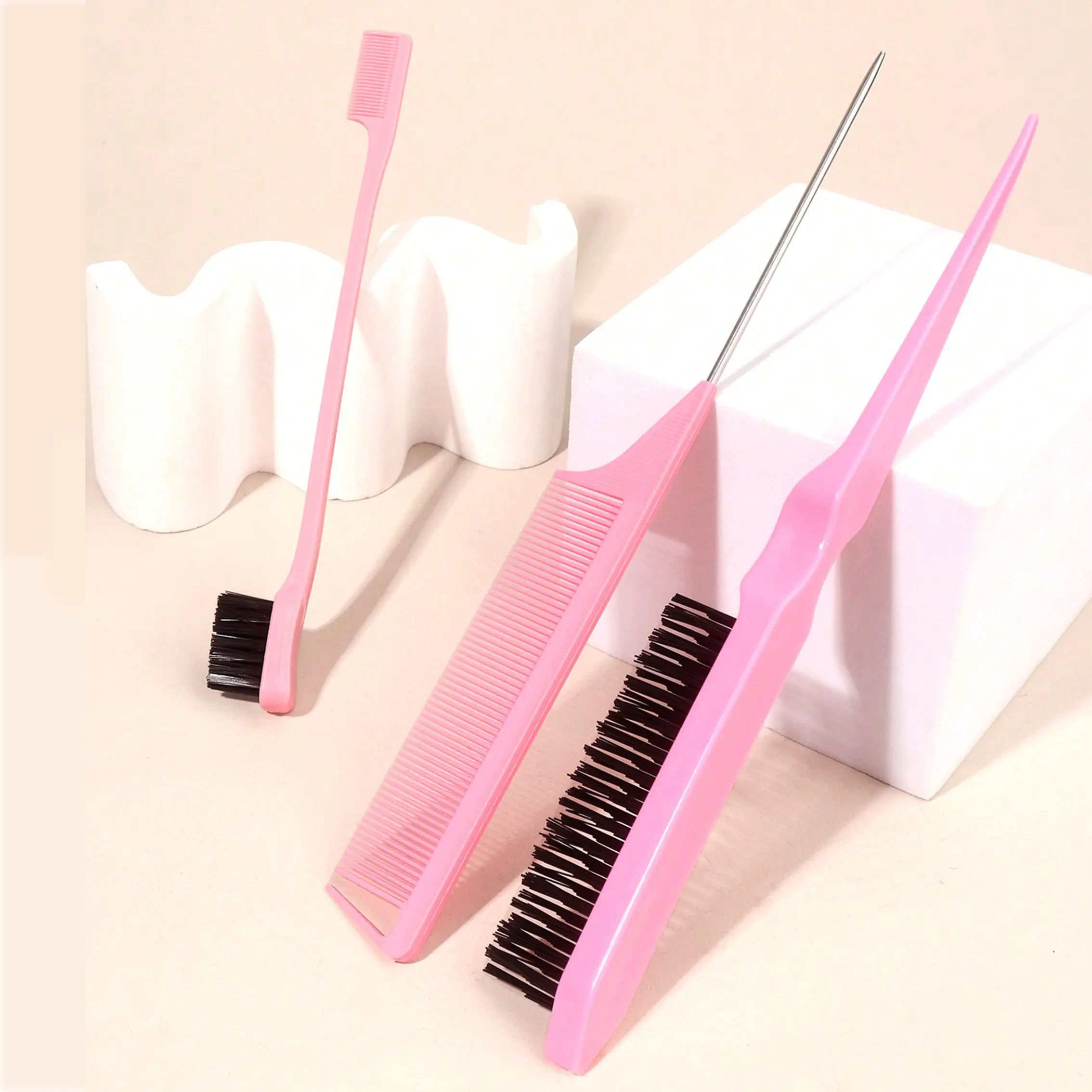 3 Pcs Slick Back Hair Brush Set With 1 Pc Edge Brush 1 Pc Hair Brush 1 Pc Rat Tail Comb, Teasing Brush For Smoothing Hair & Flyaways Pink, Pink Accessories, Hair Styling Combs, Hair Styling Tools, Hair Care Tool
