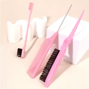 3 Pcs Slick Back Hair Brush Set With 1 Pc Edge Brush 1 Pc Hair Brush 1 Pc Rat Tail Comb, Teasing Brush For Smoothing Hair & Flyaways Pink, Pink Accessories, Hair Styling Combs, Hair Styling Tools