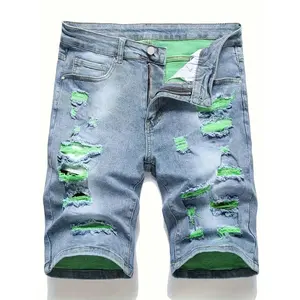 Men's Regular Fit Denim-effect Print Shorts, Casual Fashion Ripped Jeans Shorts for Summer, Men's Bottoms for Daily Wear, Ripped Pocket Jeans, Distressed Jeans Shorts