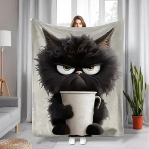 Cozy Angry Cat & Coffee Flannel Throw Blanket - Soft, All-Season Comfort, Perfect for Couch, Bed, Office, and Travel.Thin Blanket Dream Workshop