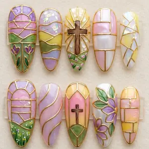 Stained Glass Cross Press On Nails, Pastel Easter Nail Art, Christian Religious Gold Chrome Mosaic Spring Floral Almond Glue On Nails