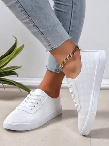 Women's Casual Round Toe Lace-Up Sneakers, Sports Shoes, Trainer, PU Upper & Rubber Sole, Less Than Ankle Height, Plain Design, Fall Fashion Footwear, Walking Shoes