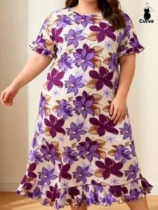 Spring Summer Plus Size Women's Sleep Dress Glam Lounge Wear Elegant Floral Print Round Neck Short Sleeve Ruffled Hem Dress for Home & Outdoor Wear