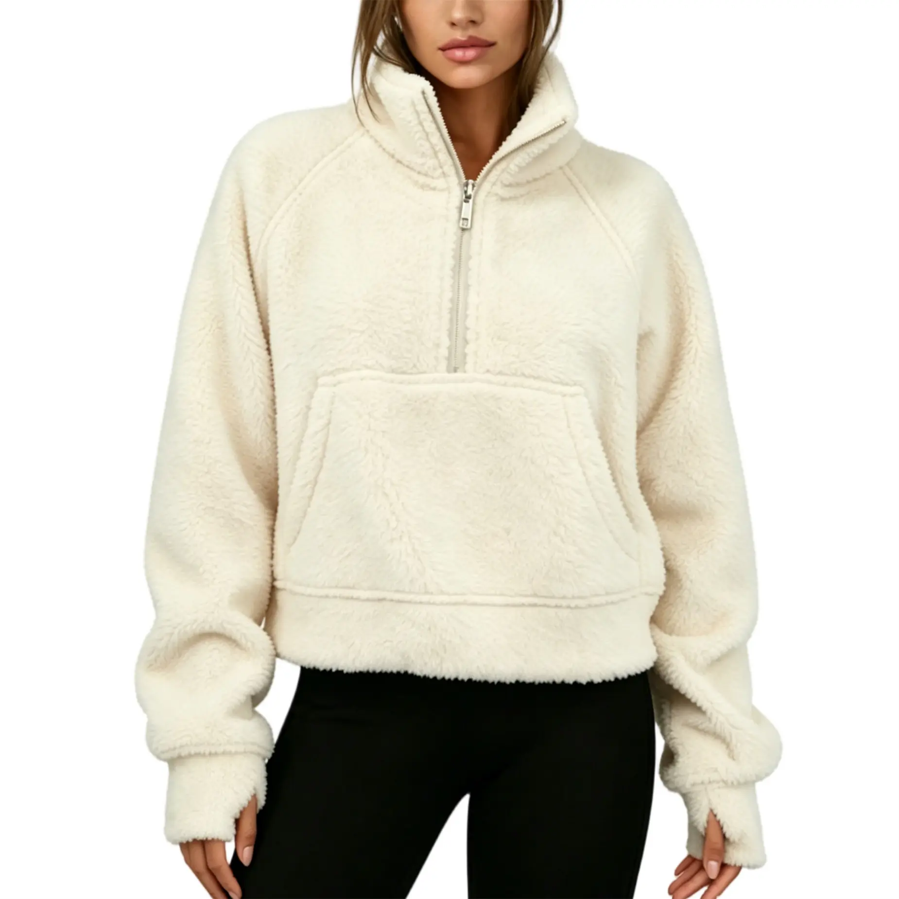 Songling Women's Long Sleeve Fluffy Sherpa Fleece Half-Zip Pullover, Loose Cowl Neck Warm Winter Tops with Side Pockets, Suitable for Loungewear, Cropped Workwear