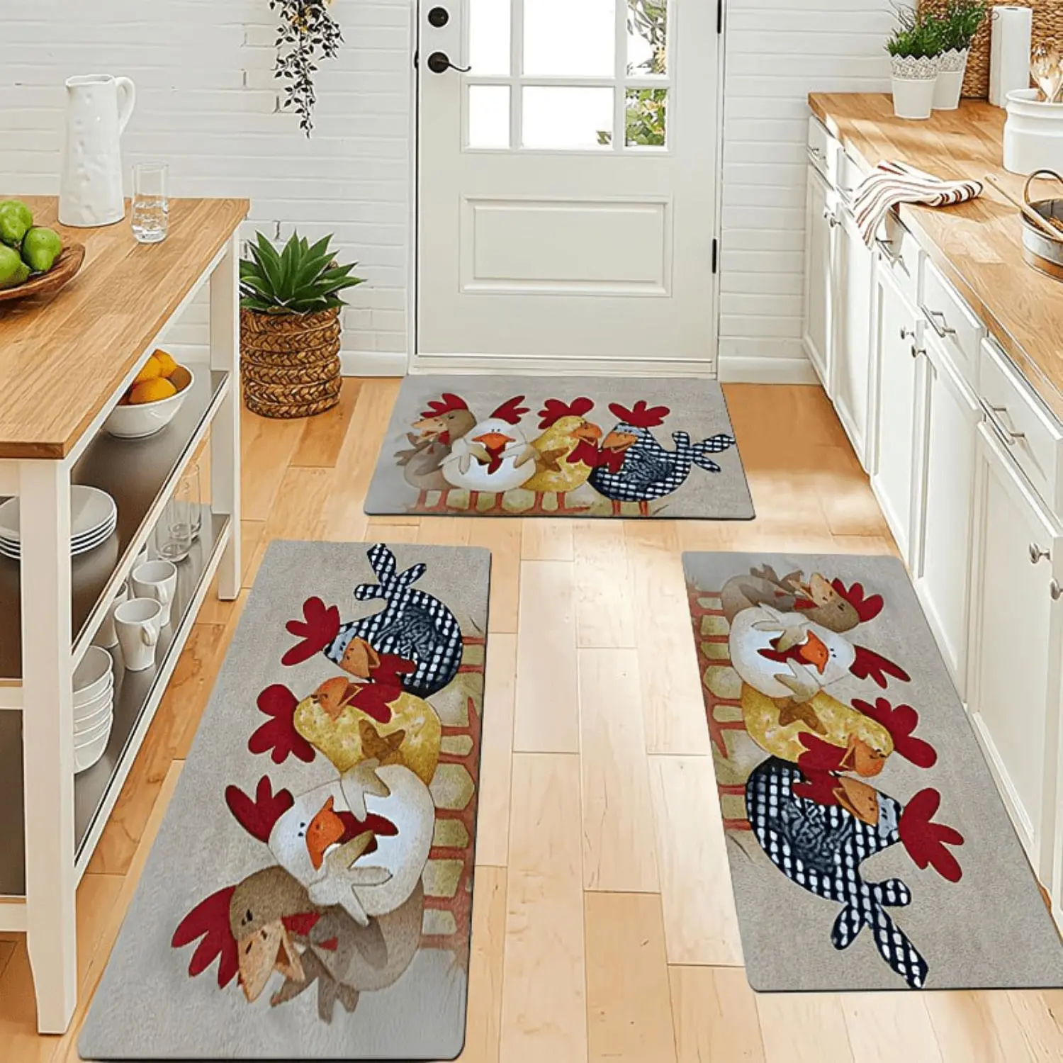 Flannel Floor Mat Set Chicken Rooster Pattern Soft Plush Non Slip Absorbent Comfortable Easy To Clean Kitchen Bathroom Entry Rug