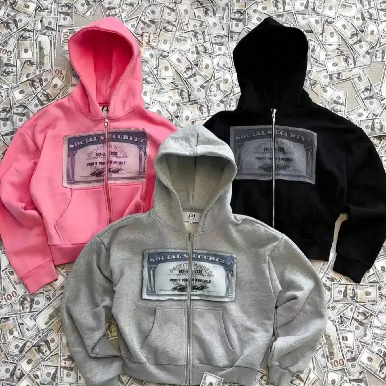 2000s Social Security Card Graphic Black Hoodie, Unisex Y2K Oversized Zip Up Grunge Street Jacket