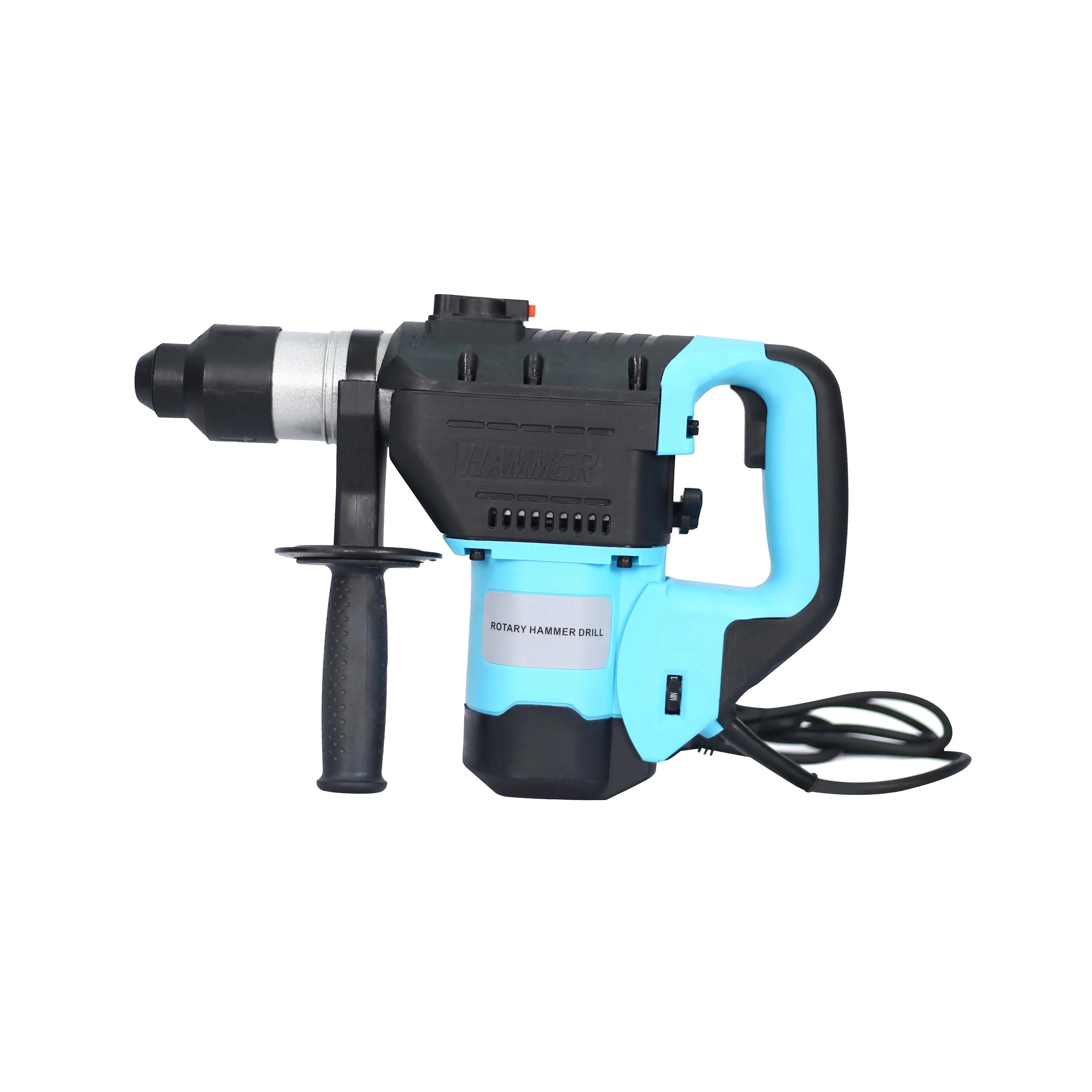 SDS Plus Drill Full Set Kit, 1100W 110V Copper Wire Motor, 1/2-Inch (13mm) Drill Chuck w/SDS Plus Shank, 3-Function, Blue+Black Design, Adjustable Grip, Anti-Vibration Guard, Side Handle, 14x250mm Flat Chisel, Metal Gear Housing for Concrete Work, Wood