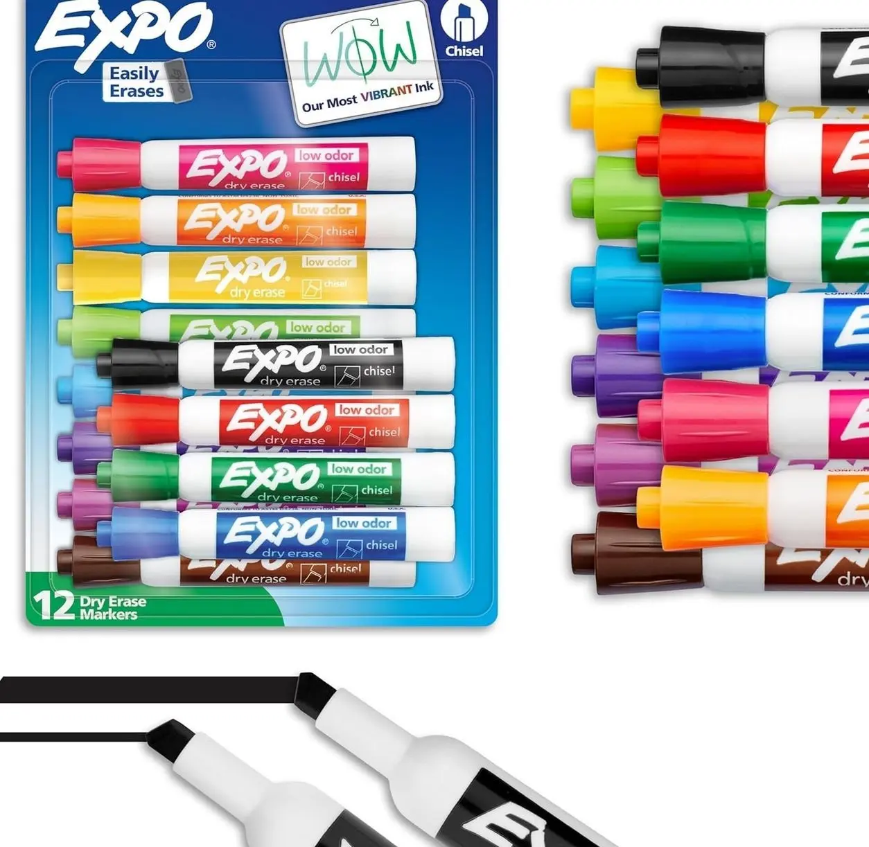 EXPO Dry Erase Markers, Low Odor Ink, Assorted Colors, Chisel Tip, 12 Count