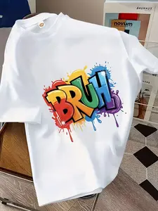 Summer Boys' Versatile Short Sleeve, Creative Brlh Letter Print, Outdoor Casual T-Shirt, Loose-Fitting Short Sleeve Tee