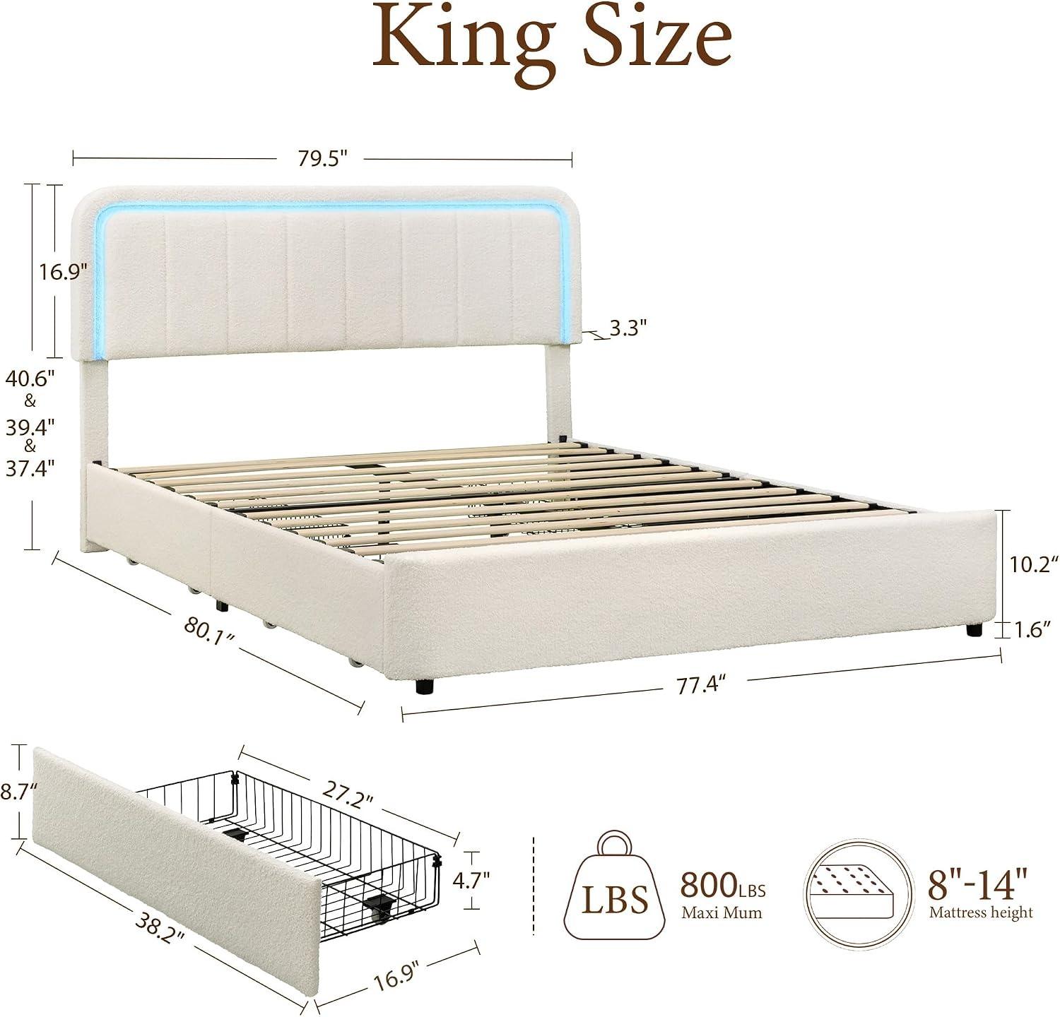 Cloud Bed Frame with LED Light, Boucle Upholstered Bed | Beige, 4 Storage Drawers, Soft Curved Corners, No Box Spring Needed, Easy Assembly, Adjustable Headboard