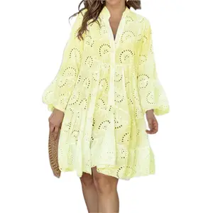 LYD- Eyelet Embroidery Notched Neck Smock Dress, Elegant Flounce Sleeve Button Front Short Dress for Vacation Holiday,  Holiday Dresses Summer Piece -LYD fluffy brunch pearl green zipper bodycon bandage keffiyeh pink maxi duwaji best kalogeras red baby