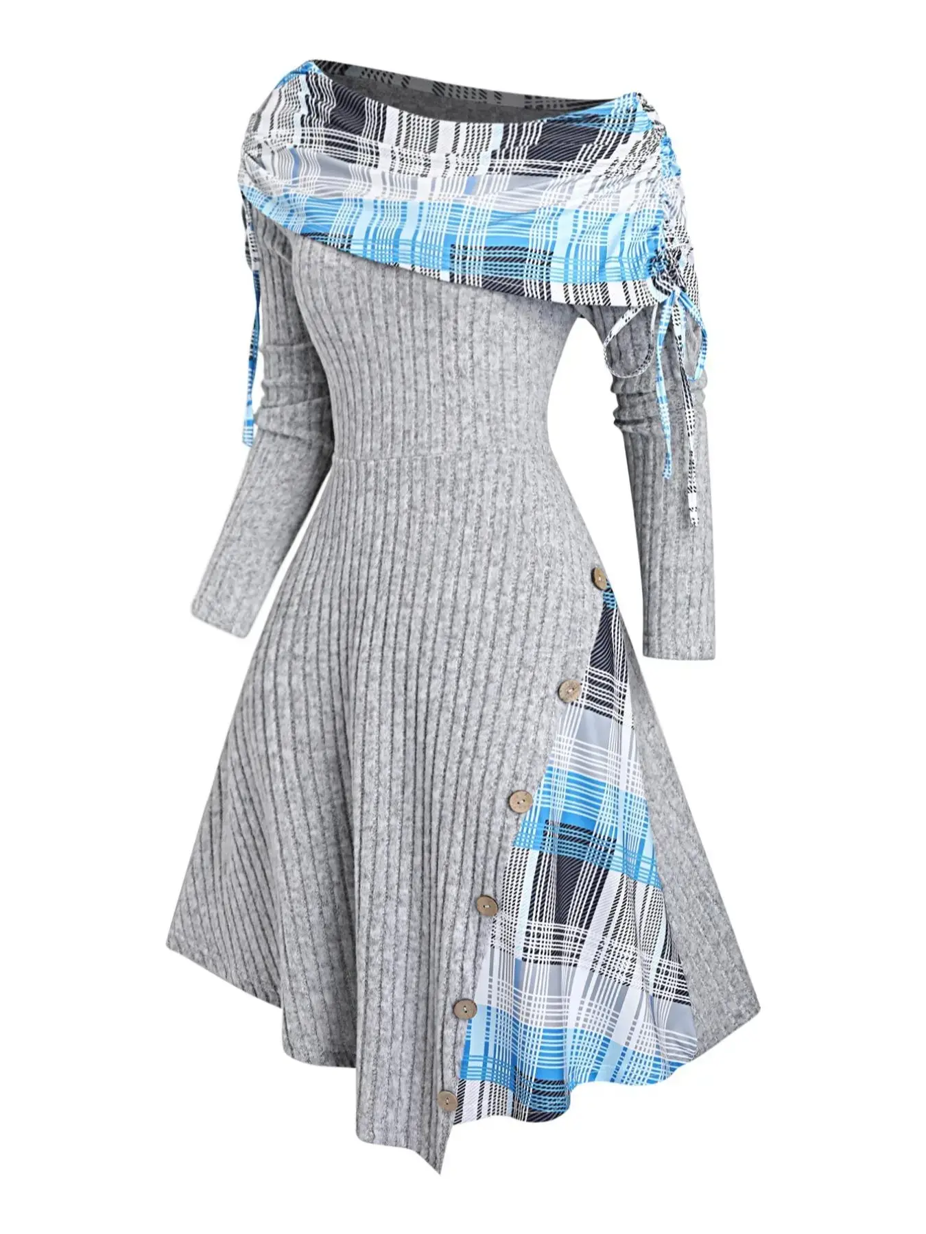 Women's Fall Winter Plaid Patchwork Asymmetrical Adjustable Tie Drawstring Button A Line Dress, Casual Long Sleeve Slim-Fitting Short Dress, Fashion Style Womenswear Lady Piece