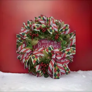 large handmade beautiful Christmas wreath Colorful Christmas Decoration Durable home decor wreath door hanger indoor or outdoor front door festive red and green merry Christmas holiday decorations wall hanger porch full large 24" affordable Ornaments