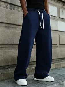 Men's Plain Solid Color Drawstring Waist Loose-Fitting Straight Pants - Stylish Menswear, Casual Comfortable All-Season Streetwear for Everyday Styling and Layering, Beige, Human, Casual Lounge Pants,summervibes