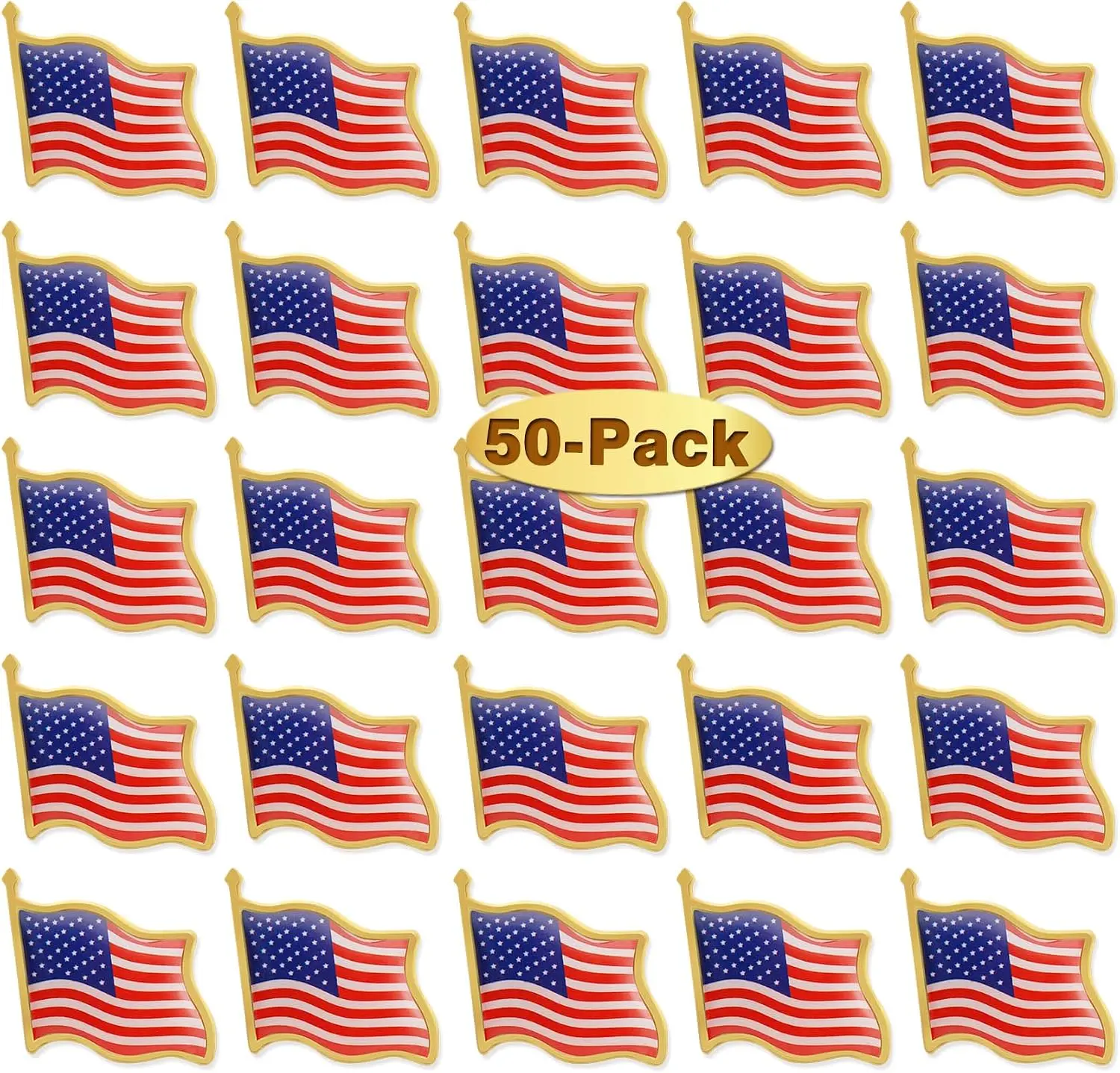 American Flag Lapel Pins, 50 Pack, Metal USA Patriotic Pins with Clutch Back, 25 x 21 mm