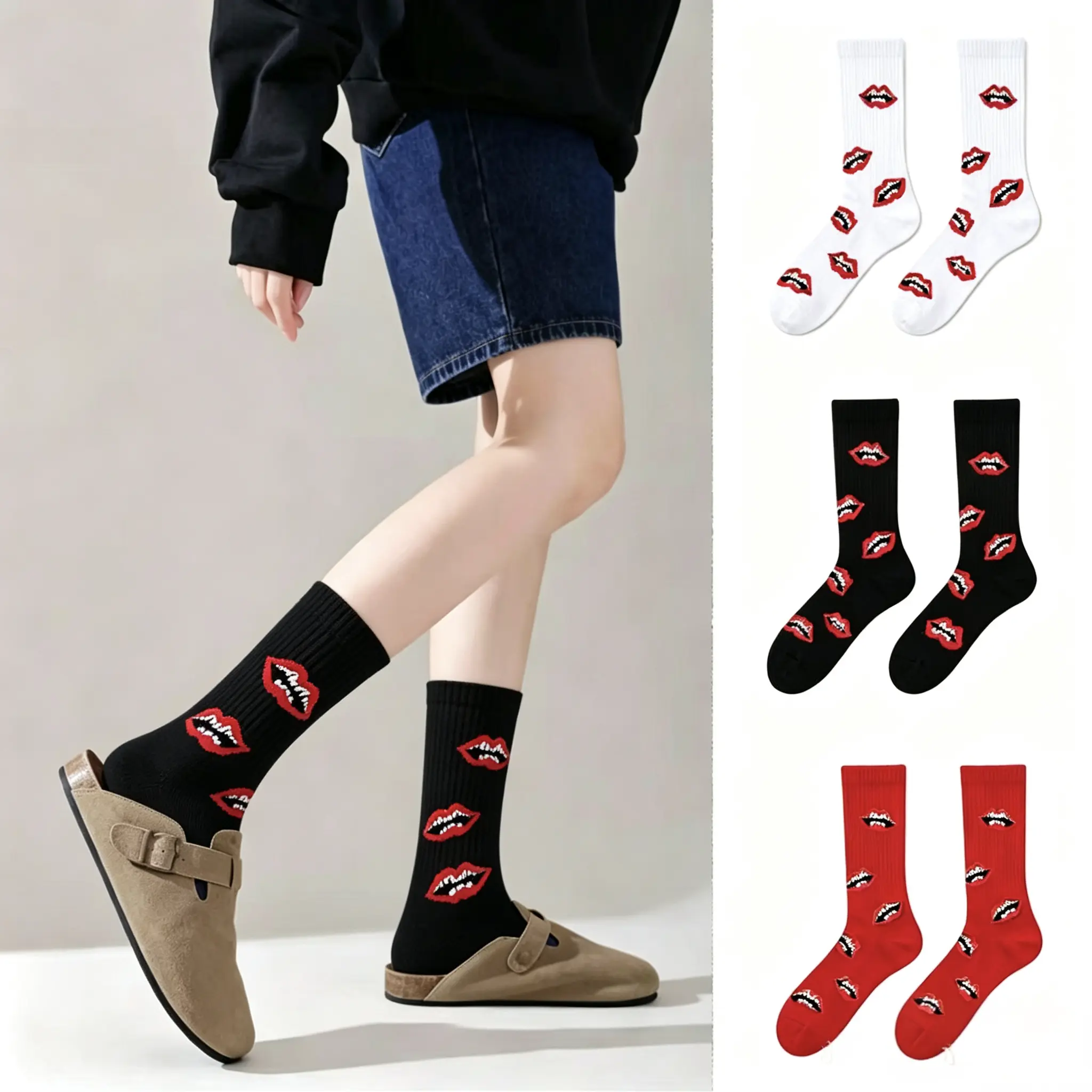 Unisex Red Lip Fashion Socks, Cool Street Style, Casual Daily Wear, Holiday Gift Socks, Hand Wash, Machine Washable, Cold Wash, Do Not Dry Clean, Cool Graphic, Cotton Blend, Street Look, Polyester, Adults, Mid-Calf