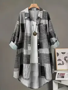 Women's Plus Size Boho Style Colorblock Geometric Long Sleeve Shirt Blouses, Vintage Patchwork, Loose-Fitting, All Seasons, Comfortable Outerwear