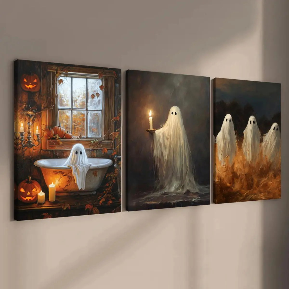 Cute Ghost Pattern Wooden Framed Canvas Painting, Creative Design Print, 3 Counts/set Funny Ghost Pattern Wall Art, Wall Decor for Home Living Room Bedroom, Art Work For Wall Decor, Artwork For Walls, Home Decor Products