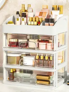 1pc Single/Double/Triple Layer Portable Makeup Organizer Box With Drawers, Different Sizes, Compartments For Lipstick, Eye Cream, Hand Cream, Powder Cake, Eyeshadow, Nail Polish, Storage Space Organizer, Shelf, Makeup Storage Rack