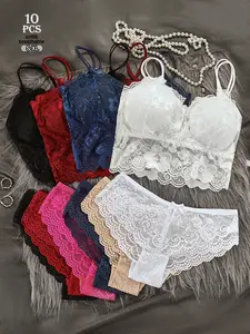 10 pieces women's lace printed bra and panties breathable lingerie confident fit multi-color mix and match fashion size S-XL basic minimal Womenswear Bridal Minimalist Vneck thong Underwear Sets Underwear Sets
