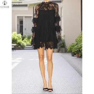 Women Lace See Through Mini Dress Long Sleeve High Neck Loose Fit Sheer Floral Short Dress Sexy Beach Cover Up