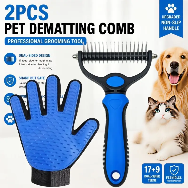 2Pcs Pet Grooming Set | Double-Sided Wide Stainless Steel Dematting Comb + Deshedding Glove | for Dogs & Cats, Mats & Tangles Remover