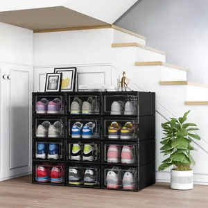 12 Pack Shoe Organizer Boxes, Black Plastic Stackable Shoe Storage Bins For Closet, Space Saving Shoe Holder Sneaker Display Case for Medium Size Shoes