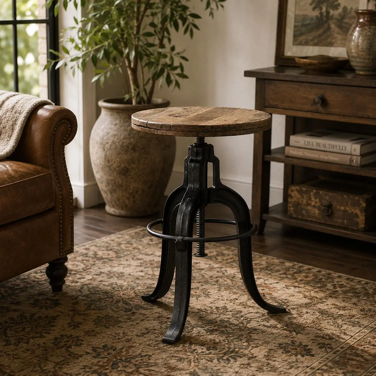 Handcrafted Vintage Industrial-Inspired Living Room Stool - Black Metal Base, Reclaimed Teak Wood Seat, 17x17x29"