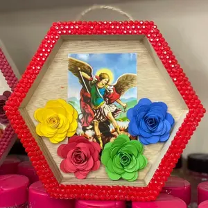 St Michael wooden shadow box with red rhinestones, wall hanging decor, picture art