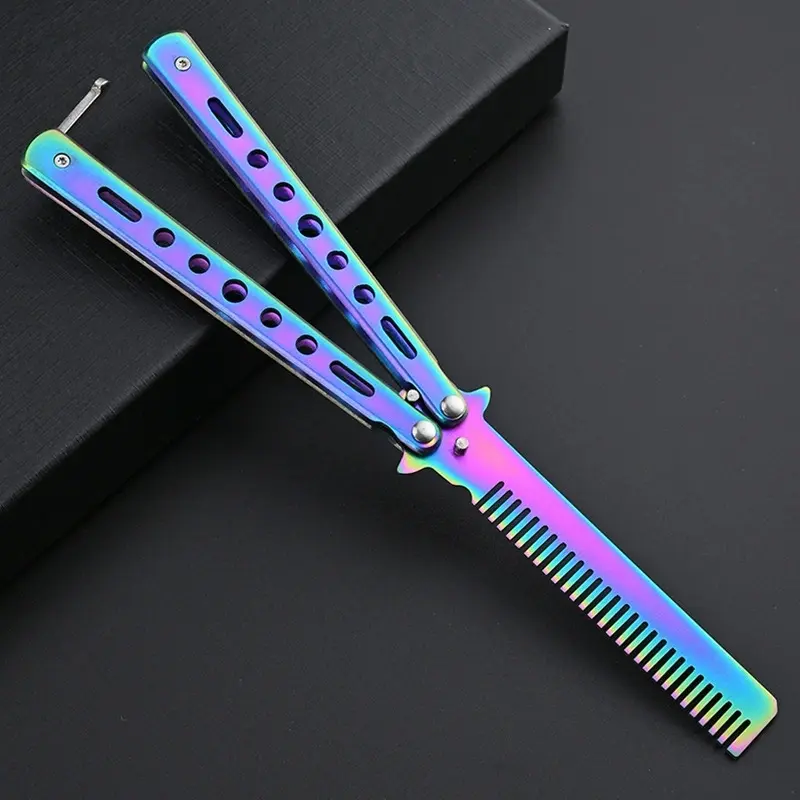 Rainbow Stainless Steel Folding Butterfly Comb - Stylish, Portable, Sturdy Teeth, Durable Handle, Easy-to-Use, Robust Unique Design Hair Styling Tool for Everyday Beauty & Personal Care