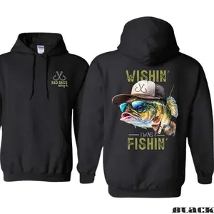 Wishin’ I Was Fishin’ Hoodie – Funny Bass Fish Graphic for Fishermen, Menswear Sweaters Tops Pullover Human Casual Long Sleeve, Graphic Tees For Men And Women - Gifts For All