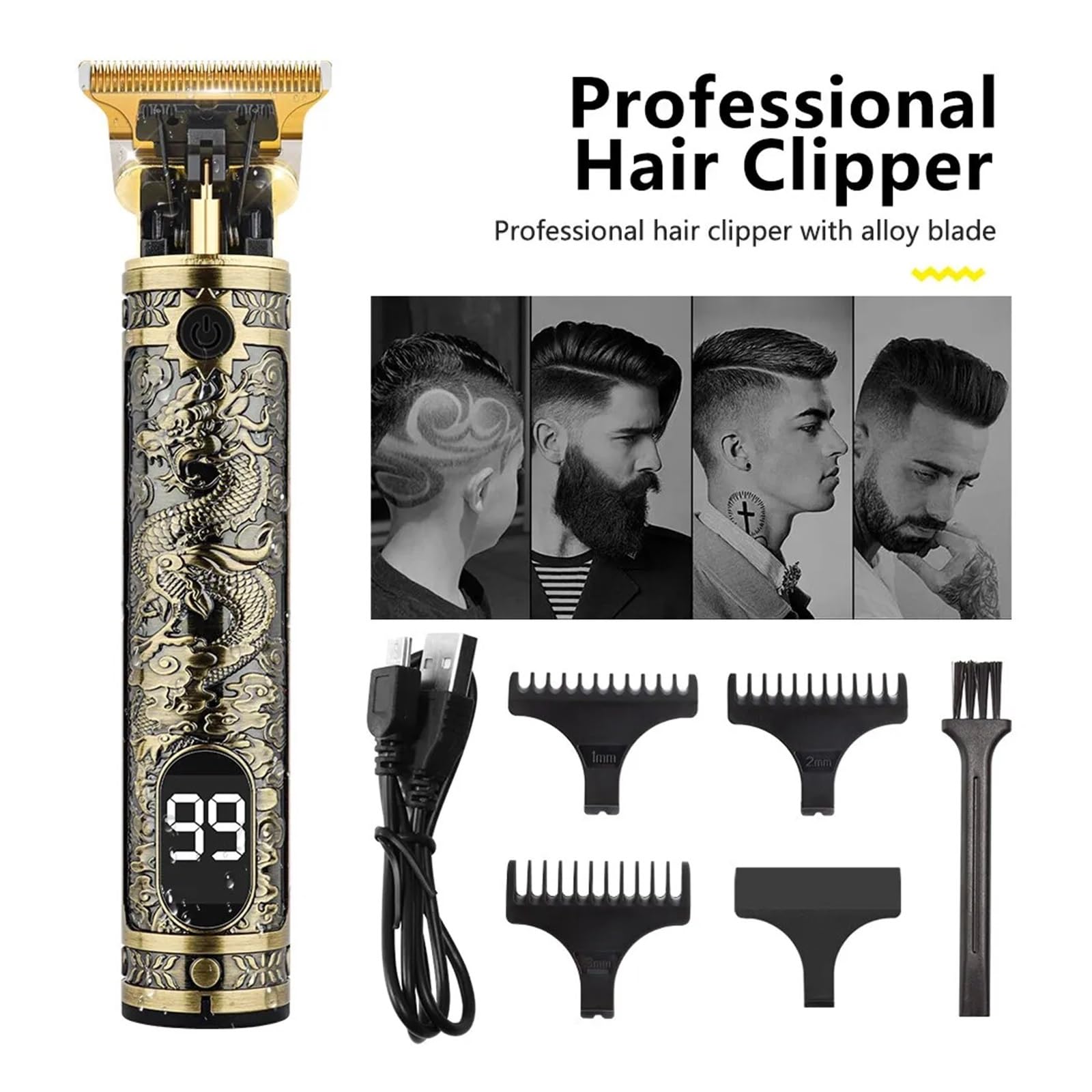 Professional Men's Hair Clipper & Trimmer - Cordless USB Rechargeable, High-Precision Beard Trimmer with 4 Detachable Limit Combs, Low Noise, Quick Charge, Dragon Design Grooming Kit for Home & Salon Use